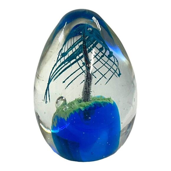 Helix Swirl Hand Blown Art Glass Egg Shape Palm Tree Nature VTG Paperweight 4” - Picture 1 of 5